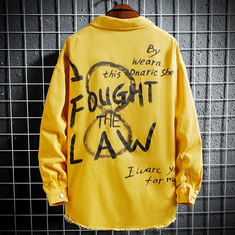 

Personality Korean Back Letter Printed Mens Denim Jackets Long Sleeve Single Breasted Lapel Male Medium Length Coats Plus Size