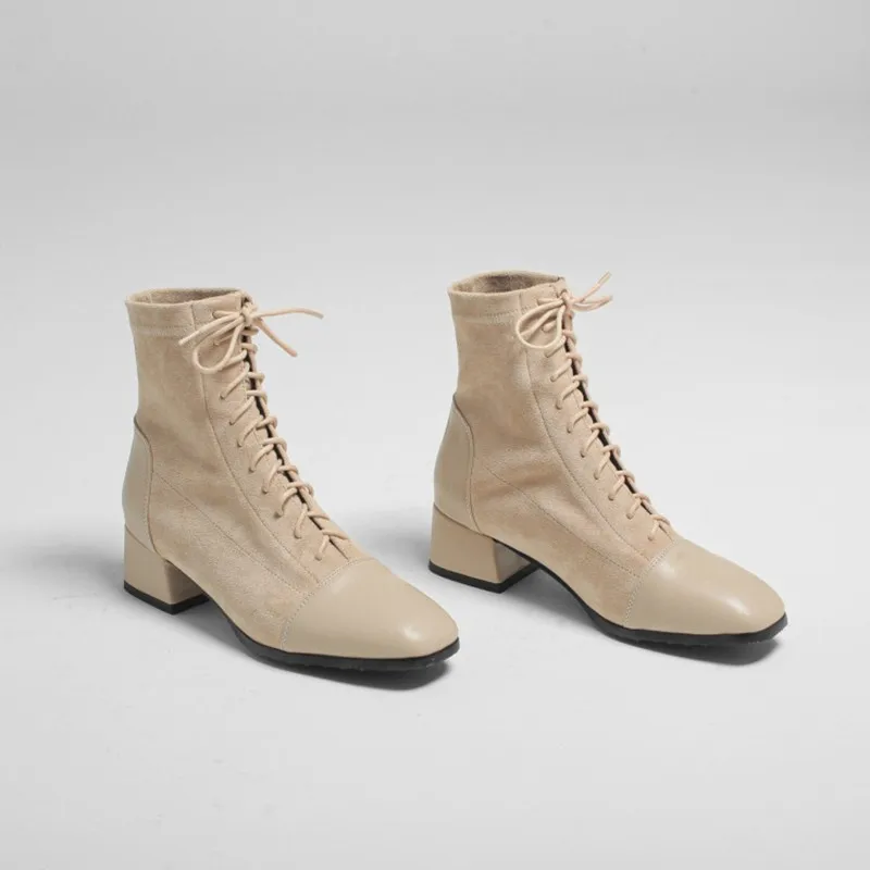 

Женские ботильоны ручной работы Ochanmeb, черные, телесные, из искусственной замши, на шнуровке, короткие сапоги, Осень-зима