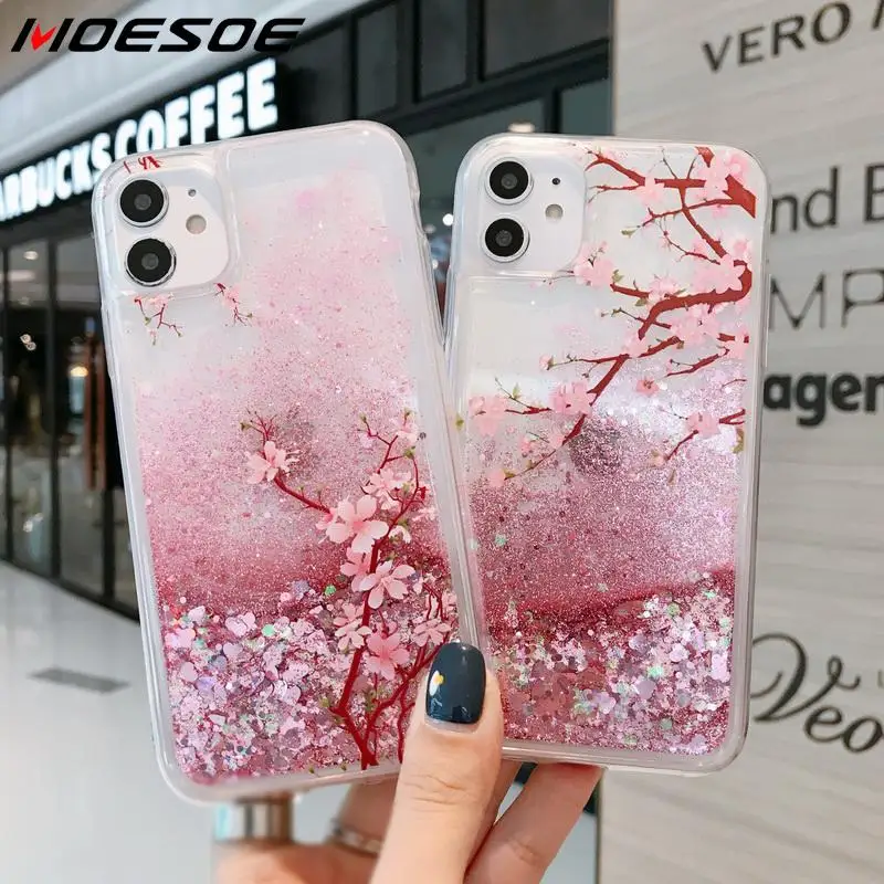

Glitter Quicksand Peach Blossom Liquid Phone Case For iPhone 12 11 Pro Max XS XR X 7 8 Plus SE 2020 Pink Flower Soft Clear Cover