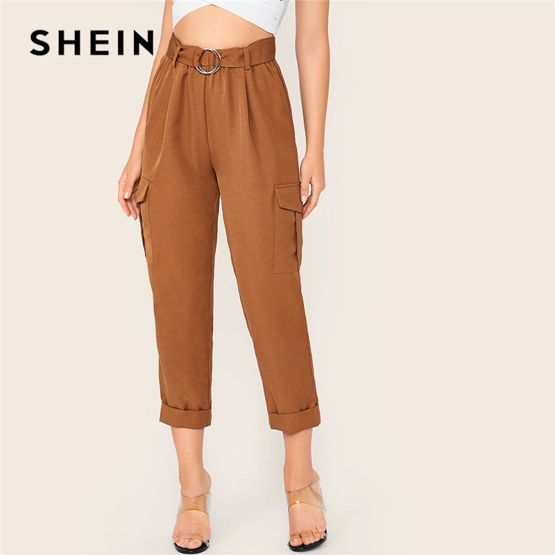 SHEIN/коричневые штаны с О-образным кольцом и поясом, с клапаном, с боковым откатом на подоле, для женщин, Осенние однотонные повседневные женские укороченные брюки с эластичной резинкой на талии