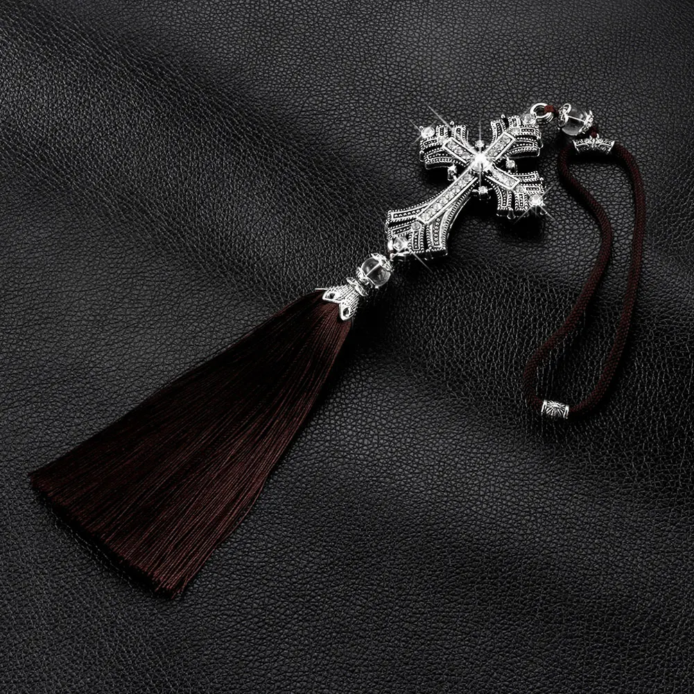 

Vintage Rhinestones Inlaid Cross Tassels Christian Car Hanging Decor Amulet