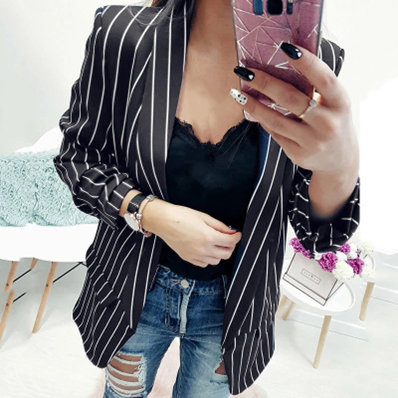 

Striped Small Suits Coat 2023 New Women's Autumn Elegant Notched Blazers Suit Casual Slim Blazer Lady Long Sleeve Jacket Outwear