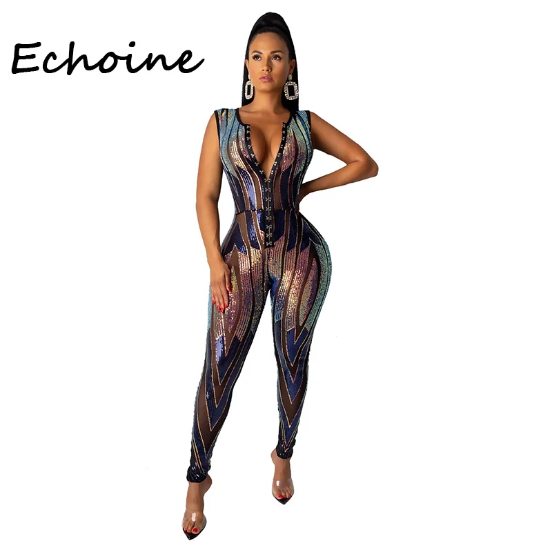 

Sexy Elastic Sequin Jumpsuits Colorful Sleeveless Rompers Womens Jumpsuit Slinky Bodycon Playsuit Overalls