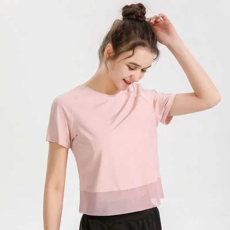 

Woman T-Shirts Summer Yoga Fitness Running Sports Top Simple Short-Sleeved Elastic Loose Breathable Mesh Solid Quick-Drying Wear