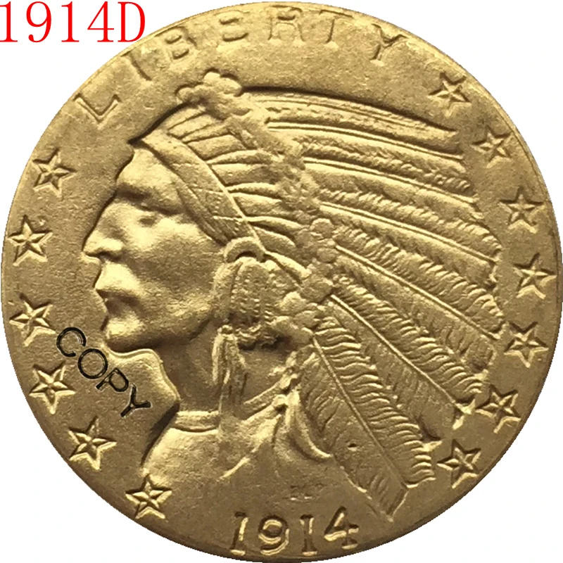 24 каратное позолоченное золото 1914 D $5 копия индийской половины орла|Безвалютные