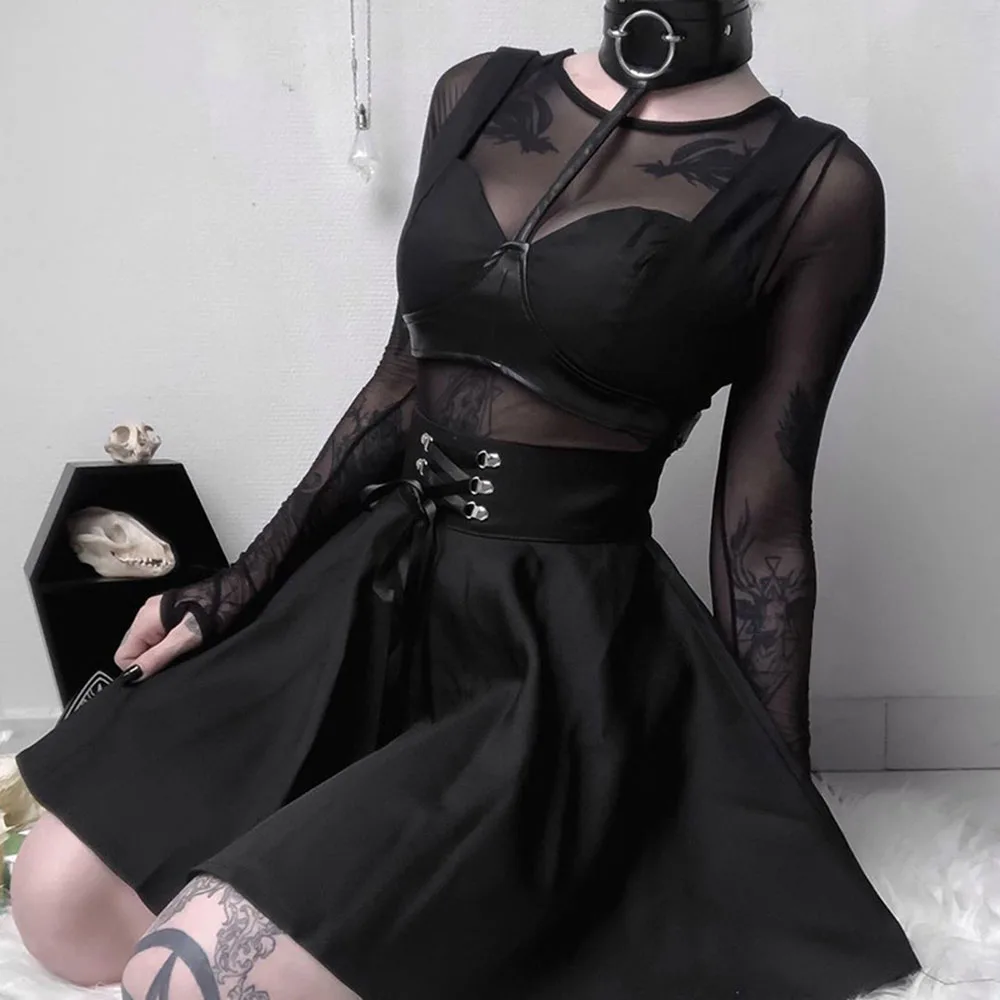 

Rosetic Women Skirt Black Gothic Dark Female Lace Up Skirts Bandage Japanese Style Zipper Pleated Skirts School Girl Punk SKirt