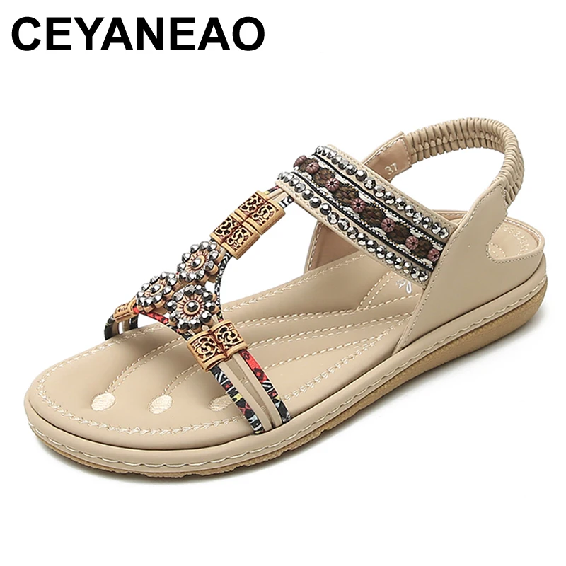 

CEYANEAO Women's Sandals Fashion Flower Print Sewing Shoes Rhinestone Design Summer Sandals Soft Paltform Elastic Band Sandals