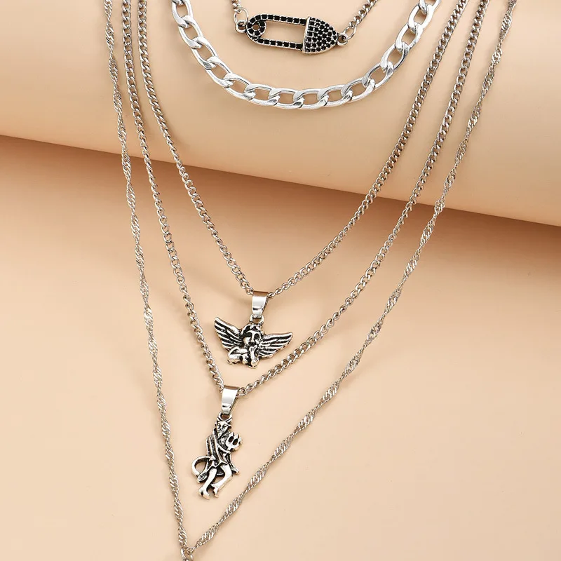 

5 Pcs/Set Women Necklaces Set Retro Angel Demon Pin Pearl Pendant Clavicle Chain Silver Color Necklace Birthday Party Jewelry