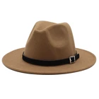 Шляпа с широкими полями для мужчин и женщин, фетровая Федора из искусственной шерсти, пояс, шапка-котелок, цвет черныйбелыйжелтый