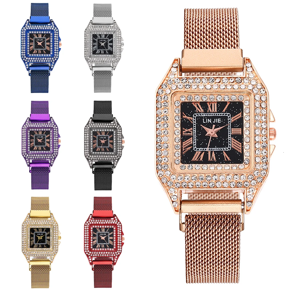 Women Magnet Buckle Square Case Shape Diamond Watch Luxury Ladies Stainless Steel Belt Quartz Watches Gift Clock