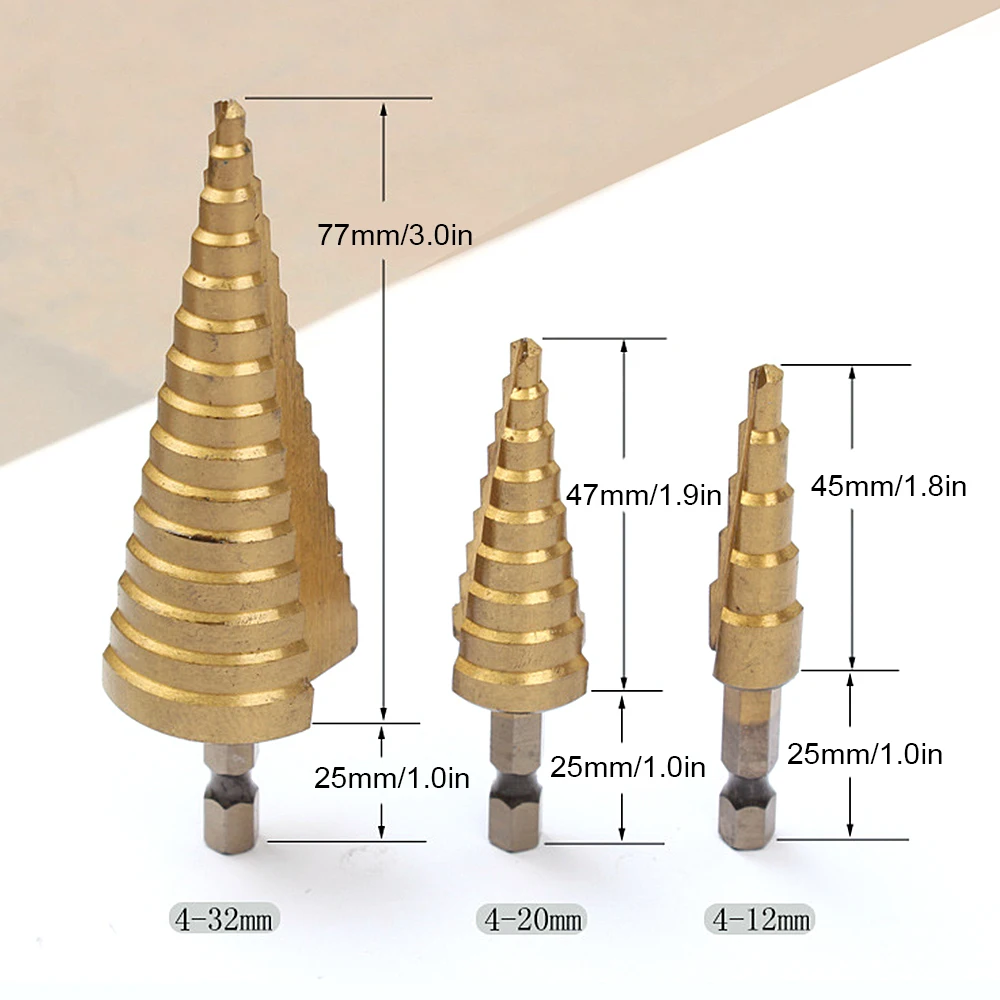 

3Pcs Step Drill Bit Set HSS Steel Titanium 4-12/20/32mm Metal Hole Cutter Wood Cone Core Drilling Hole Saw DIY Woodworking Tool