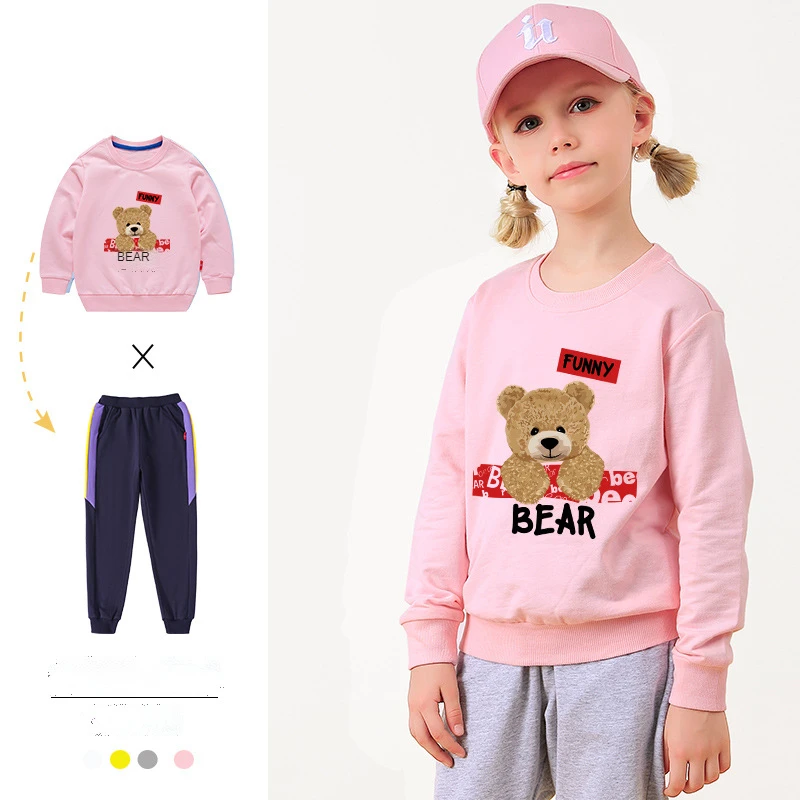 

2021 Autumn New Female Baby Long-sleeved Trousers Two-piece Teddy Bear Cartoon Print Children's White Round Neck Top