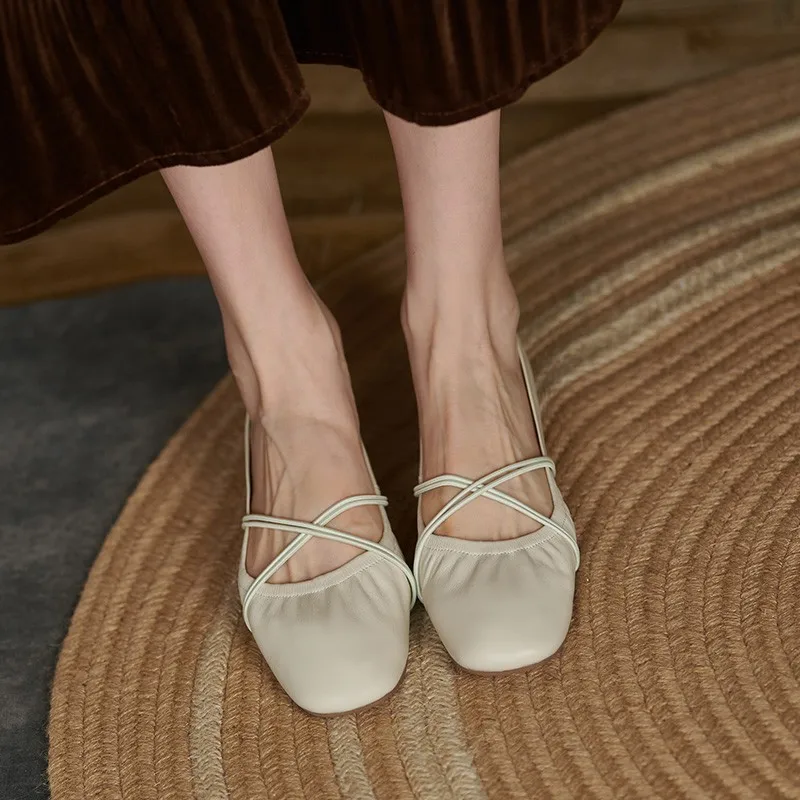 

Handmade Casual Shallow Flats Women 2021 Spring Real Leather Square Toe Slip On Comfortable Soft Granny Ballet Flat Shoes Size 9