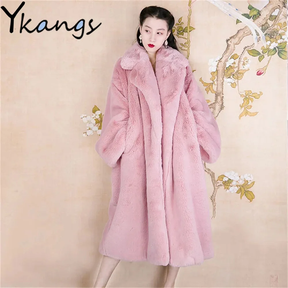 Harajuku Women'S Pink Imitation Mink Velvet Jacket Korean Version Sweet Loose Coat Winter Plush Cardigan Elegant Warm Midi Parka