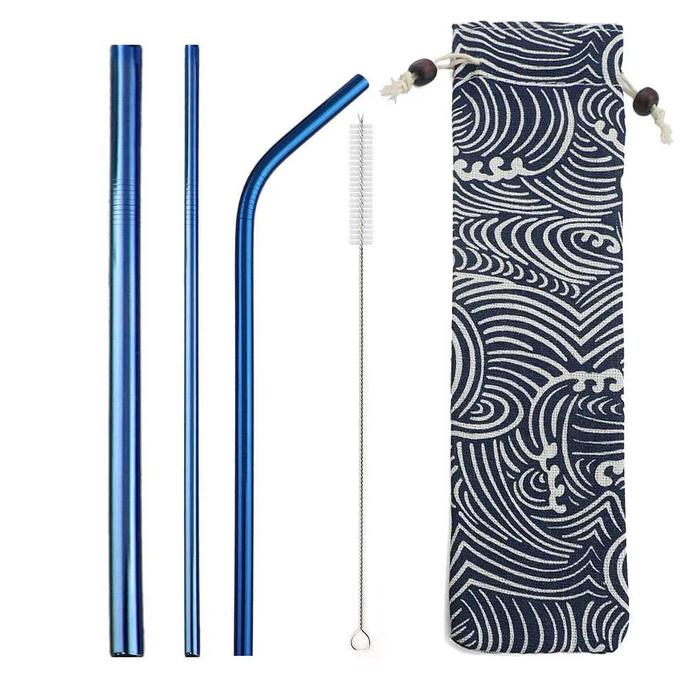 5pcs blue 18/10 Нержавеющая сталь телескопическая Питьевая солома портативная металлическая соломинка для путешествий Складная солома с соломенным ведром и щеткой - Цвет: 5pcs blue