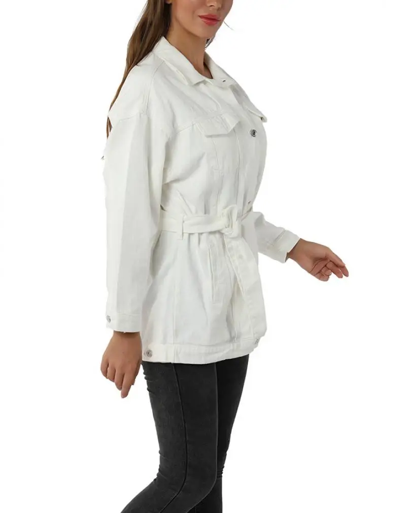 

white wash belted longline denim jacket coat women autumn spring turn-down collar solid buttoned casual jackets outwear