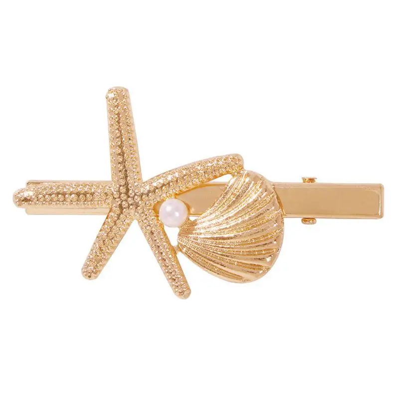 B Marine Style Women Metallic Gold Duckbill Hair Clip Faux Pearl Rhinestone Starfish Shell Hairpin Beach Holiday Wedding Barrette - Цвет: B