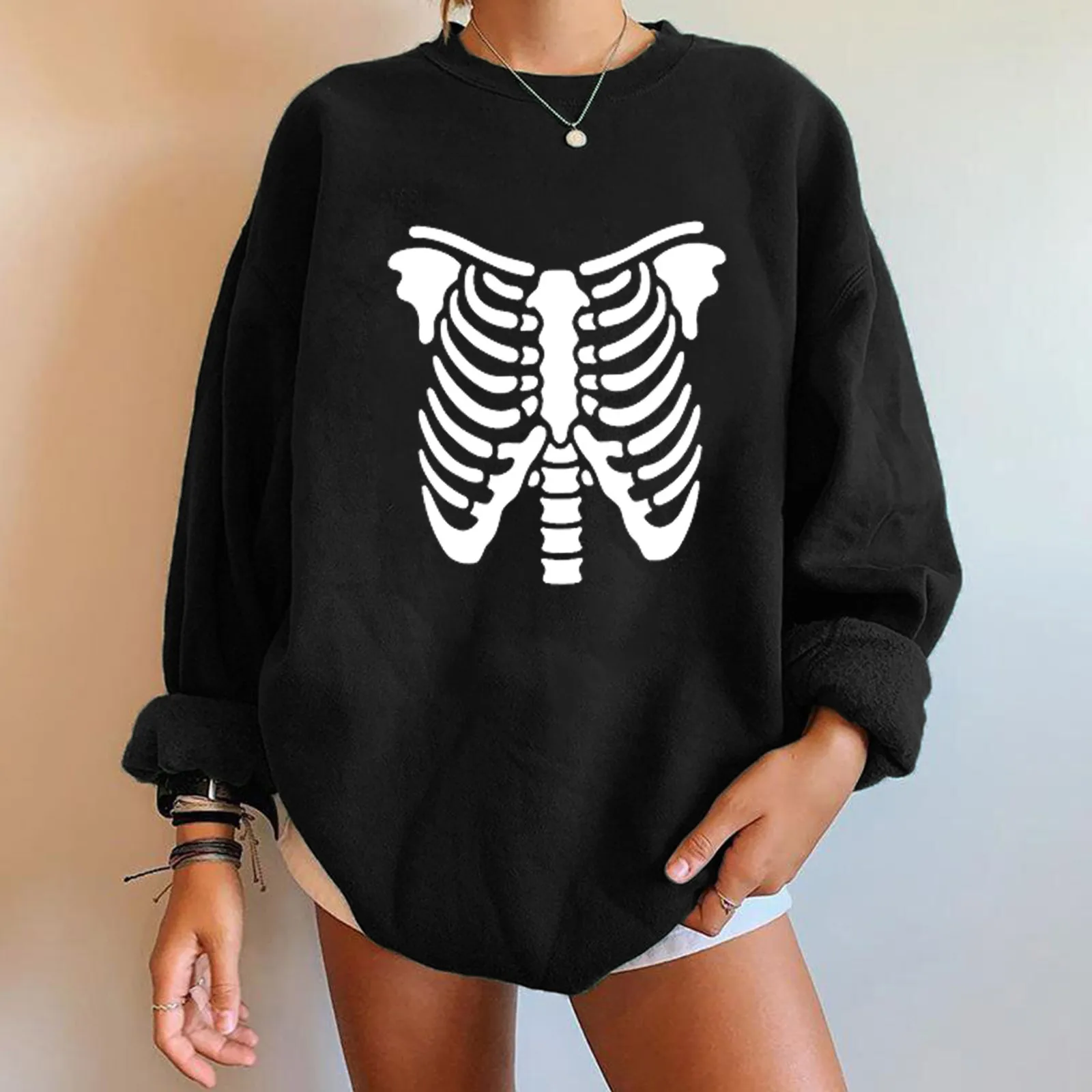 

Свитшот женский с принтом скелета, Свободный Повседневный базовый пуловер с длинным рукавом, с круглым вырезом, в Корейском стиле, для Хэлло...