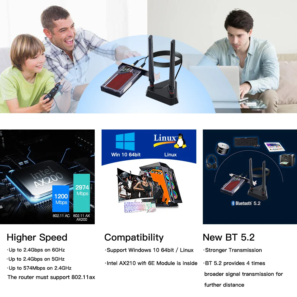Fenvi Desktop Wi-Fi 6E AX210 PCIe WiFi Adapter 2.4Ghz/5G/6G Bluetooth 5.2 802.11ax Intel AX210NGW Wireless Wifi6 Card Windows 10
