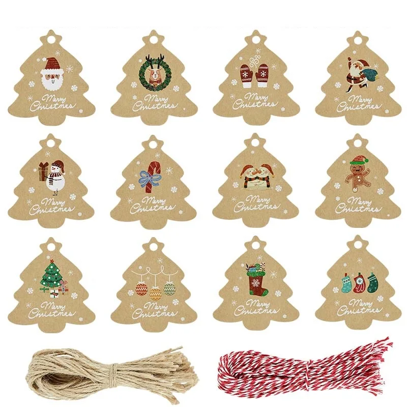 

48/96Pcs Merry Christmas DIY Kraft Tags Labels Gift Wrapping Hang Tags with Ropes Santa Claus Paper Cards Xmas Tree Decoration