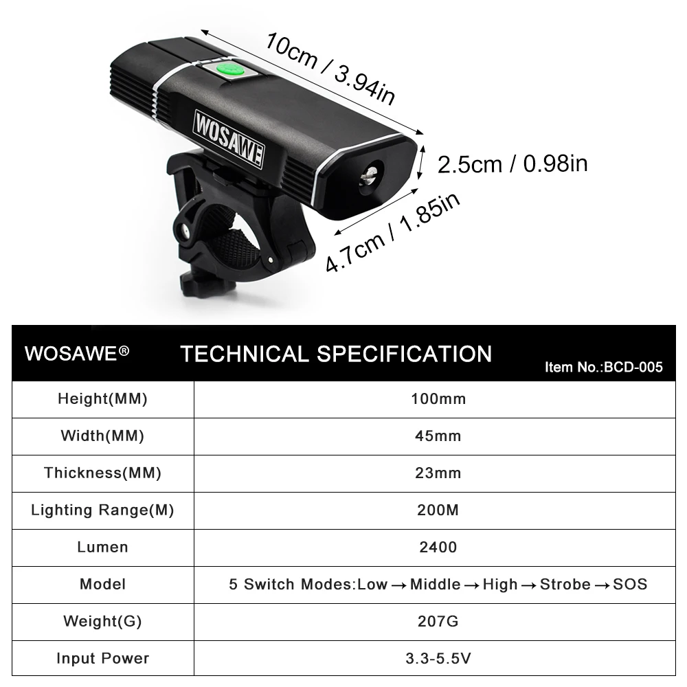 Велосипедный фонарь WOSAWE зарядка через USB 2400 лм | Спорт и развлечения