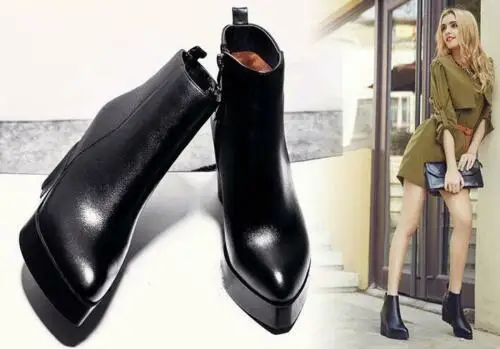 

Womens High Hidden Wedge Heels Pointed Toe Leather Ankle Boots Zipper Shoes