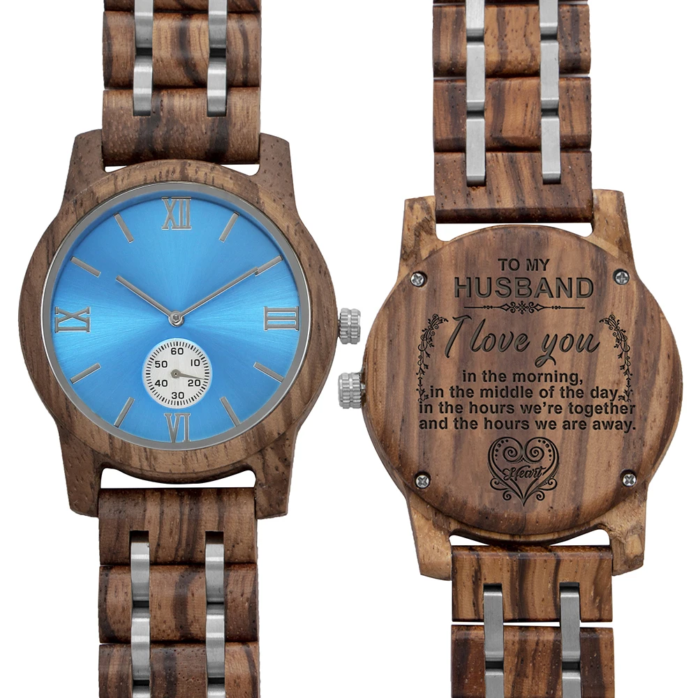 Часы мужские с гравировкой под заказ деревянные кварцевые роскошные синим