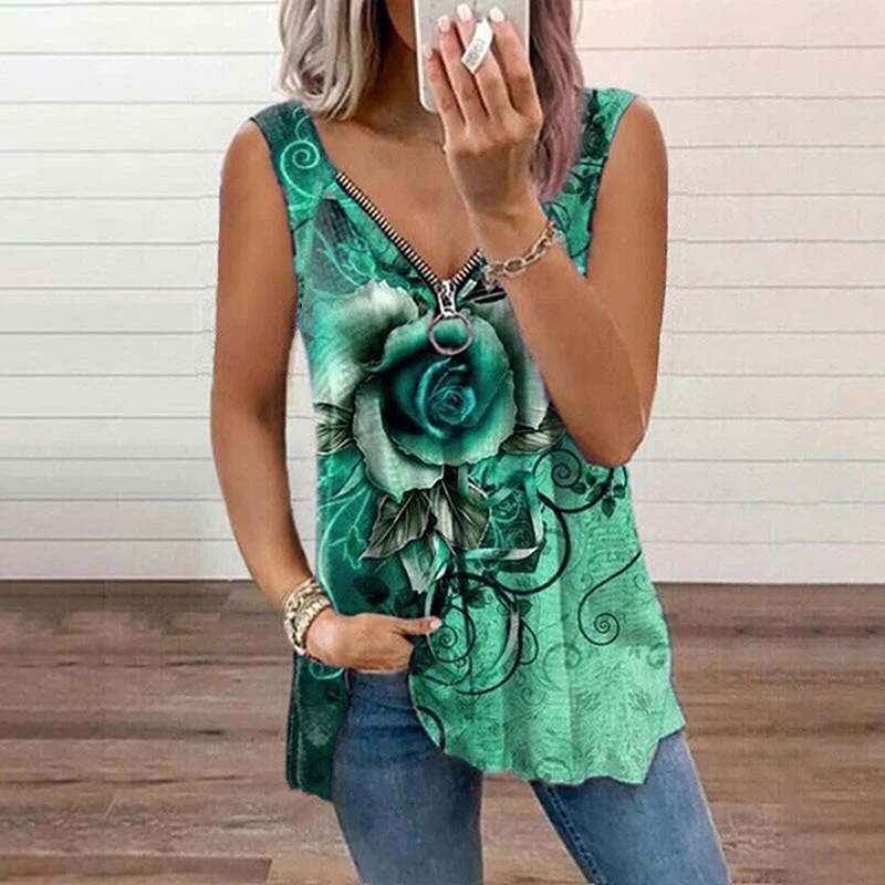 

Design V-neck Zipper Women's Tank Tops Rose Flower Print Casual Sleeveless T-shirt Summer Loose Female Casual Top