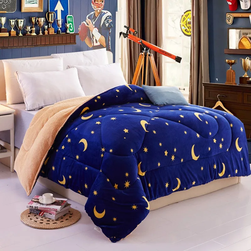 

Lavender Printed Qulit Flannel +Cashmere AB Side Comforter Star Moon Stripe Thick Blanket Duvet For Winter Spring Autumn 150*200