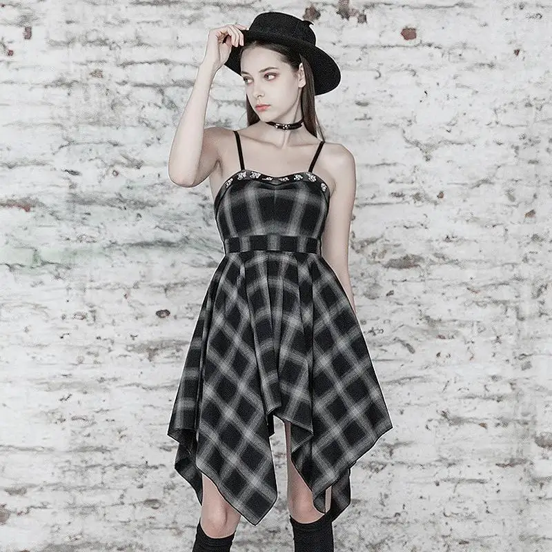 Женское клетчатое платье в стиле панк PQ493LQ без бретелек с неровным краем размер S