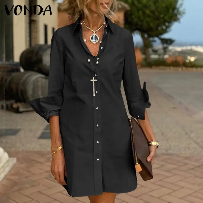 

Shirt Dress 2021 VONDA Autumn Button Up Mini Dresses Casual Lapel Collar Long Sleeve Vestidos Women OL Office Robe Femme