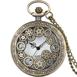 Antique Copper Steampunk Vintage Hollow Bronze Gear Hollow Quartz Pocket Watch Necklace Pendant Cloc in USA (United States)