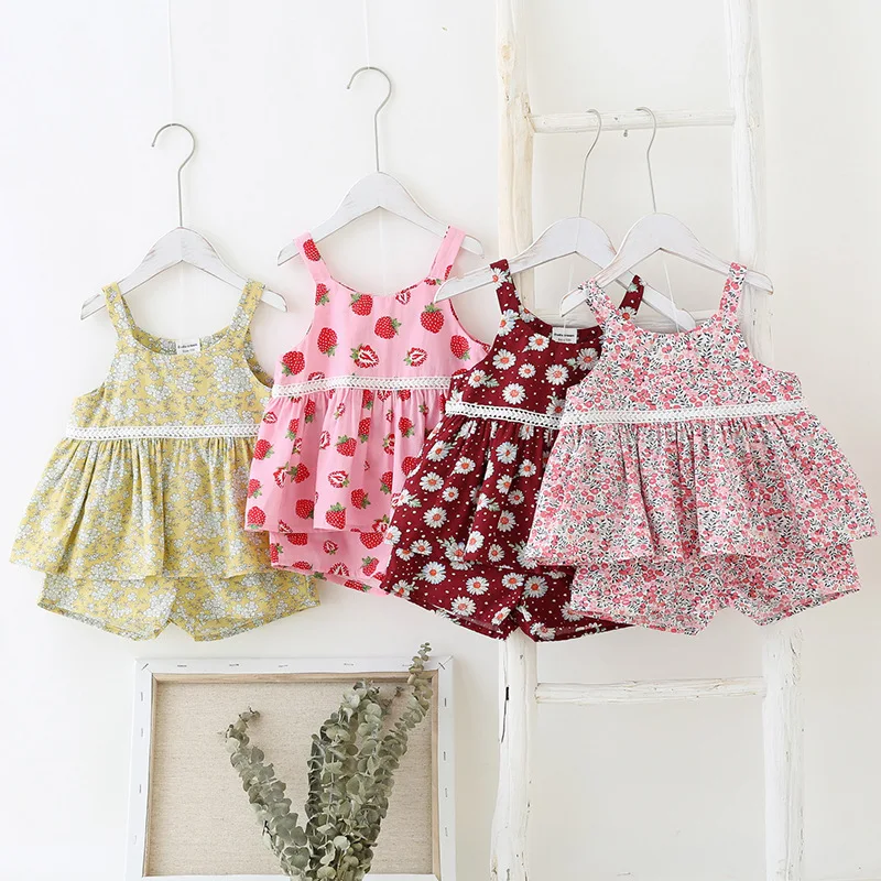 

2020 Summer Toddler Girl Sets Casual Korean Flower Print Sling Tops Shorts 2pcs Kids Clothing 1 2 3 4 5 6 Years Child Girl Suits