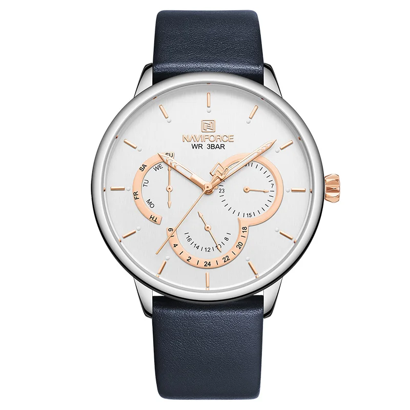 Blue White NAVIFORCE мужские часы модные бизнес часы мужские кожаные водонепроницаемые кварцевые наручные часы 24 часа мужские часы Relogio Masculino - Цвет: Blue White