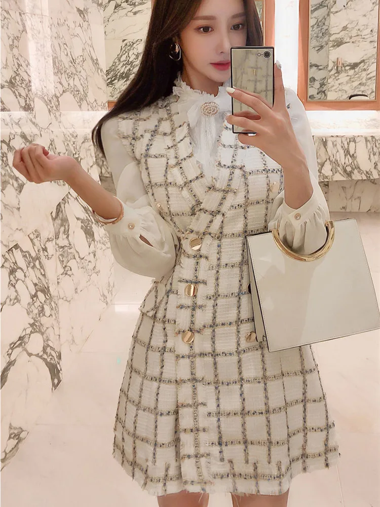 Женский твидовый комплект из 2 предметов рубашка с воротником бантом со стразами