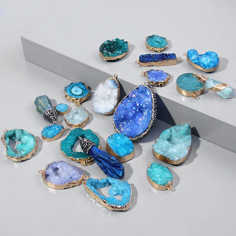 1PC Natural Blue Druzy Stone Pendant Connecter Metal Mineral Specimen Crystal Agates Slice Charm Geode Rough For Jewelry - купить по