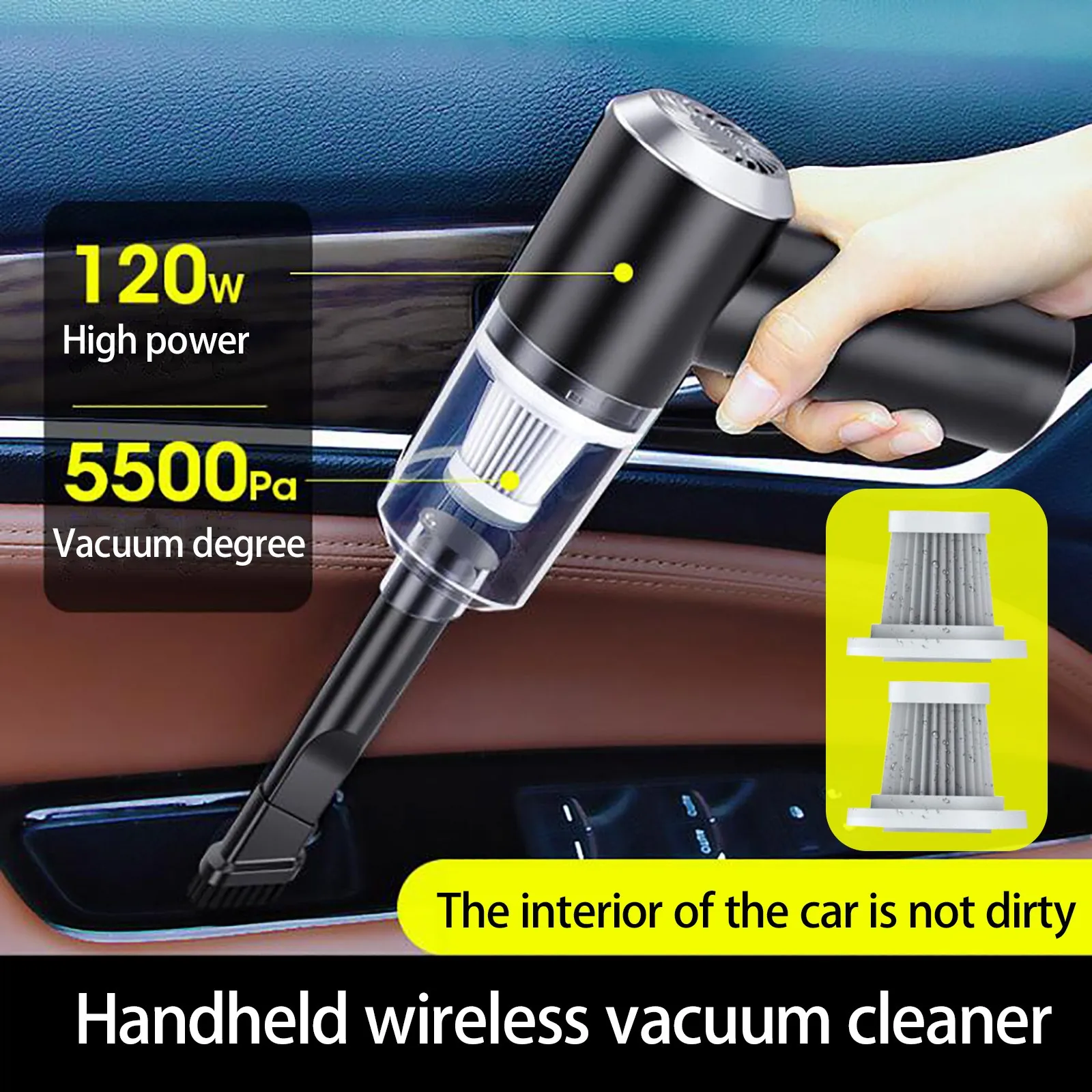 Портативный автомобильный пылесос мини для автомобиля с 2 фильтрами ручной