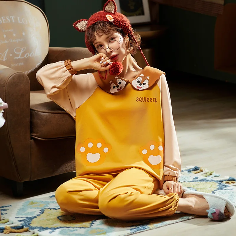 

Пижама для женщин; Сезон весна-осень-зима; Комплект с брюками с длинными рукавами в Корейском стиле; Милая Хлопковая женская домашняя одежда...