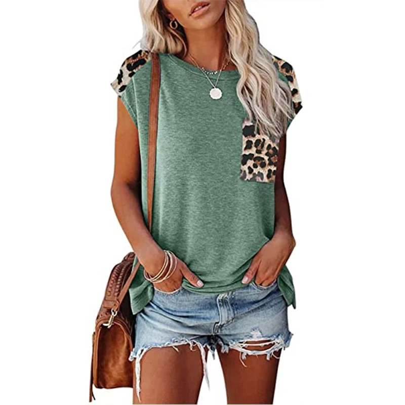 

2021 popular round neck stitching leopard print pocket raglan sleeve T-shirt top for women