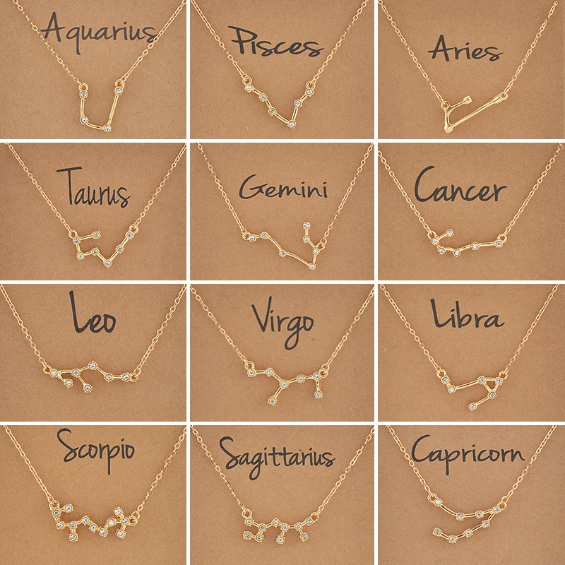 

Cardboard Star Zodiac Sign 12 Constellation Necklaces Crystal Charm Gold Chain Choker Necklaces for Women Birthday Jewelry Gift