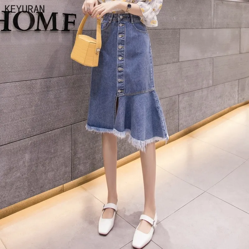 Женская джинсовая юбка средней длины стильная синяя Однотонная с одной