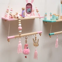 nordic children room decorative storage rack double wooden bead tassels shelves wall rope hanging shelf home hook kids coat rack