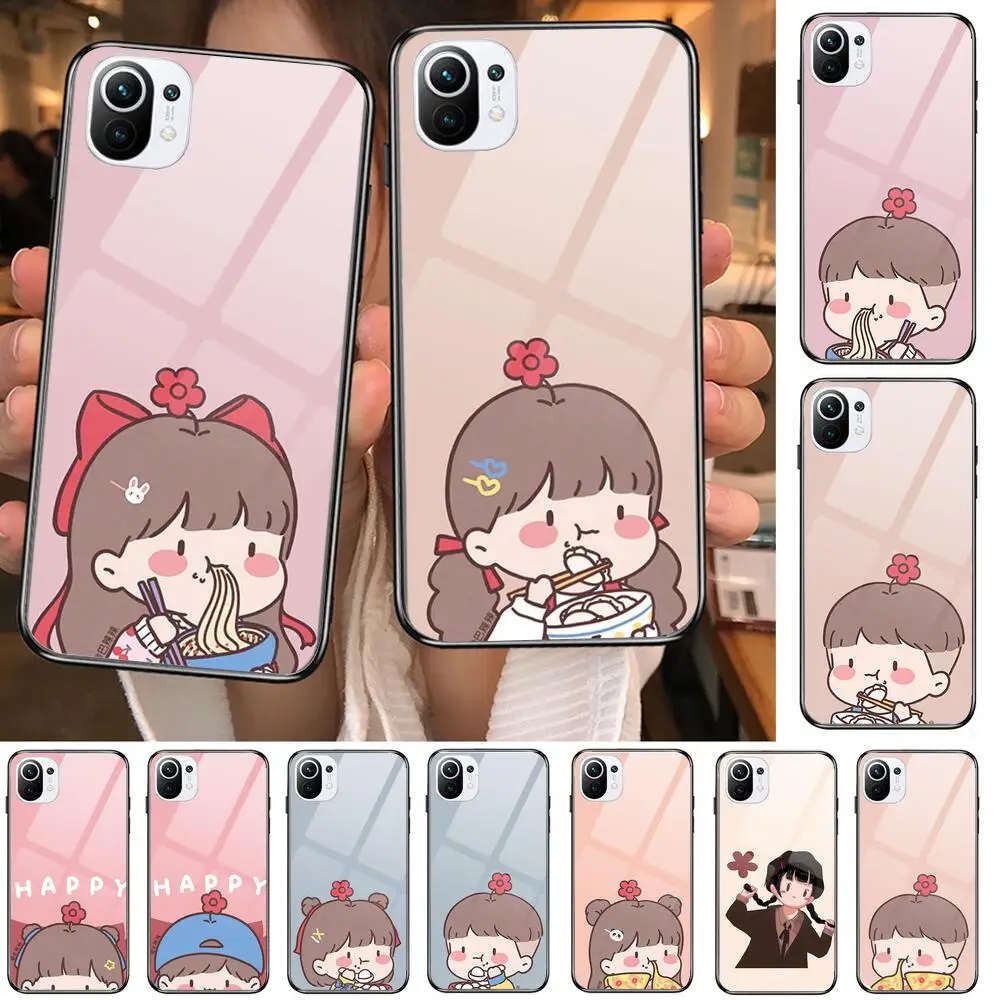 

Cute cartoon couple baby Tempered Glass Phone shell Case For xiaomi redmi 11 Lite pro Ultra 10T 10 9 8 cc se Cover Silicone Case