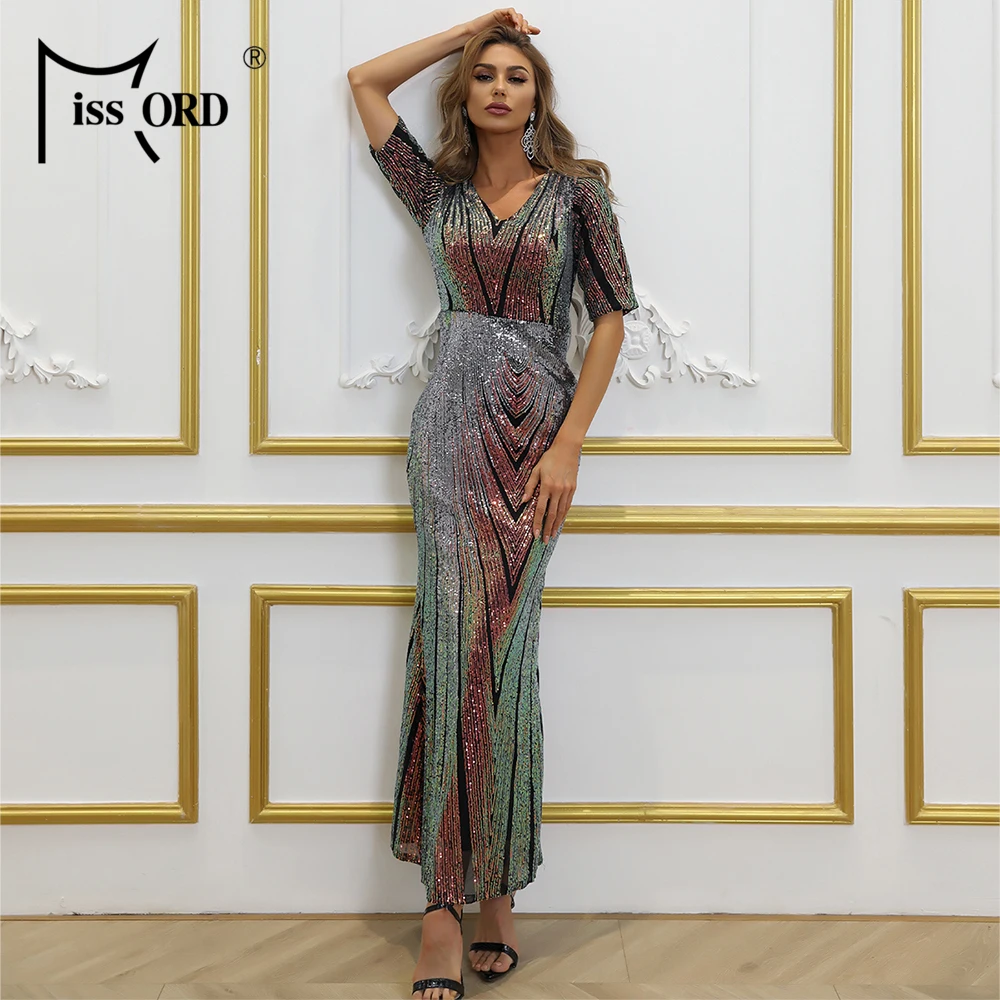 

Missord 2021 Women Dress Sexy Summer Elegant Sequin Maxi Evening Prom Party V Neck Bodycon Mermaid Hem Chest Long Dresses Y2K