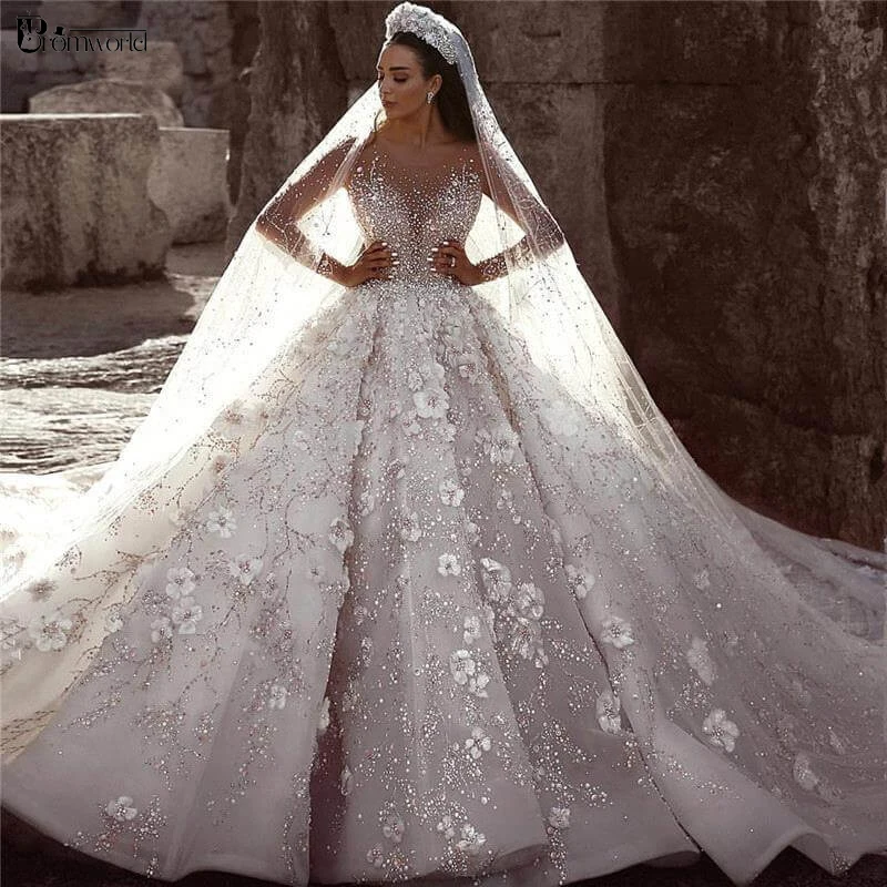 

Luxury 3D Floral Wedding Dress Long Sleeve Beaded Lace Vestidos De Novia 2021 Dubai Arabic Bridal Gowns Robe De Mariee Mariage