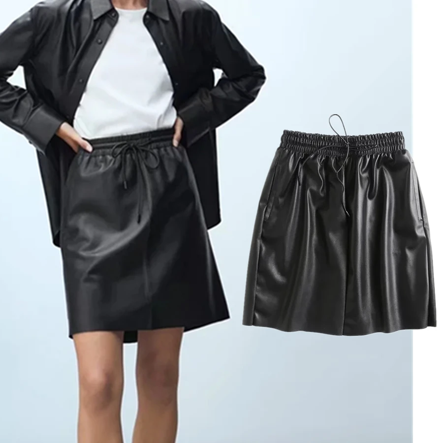 

Maxdutti Faldas Mujer Moda 2021 английский стиль простой однотонный Pu юбка женщины кожа шнурок повседневные сексуальные мини-юбки для женщин