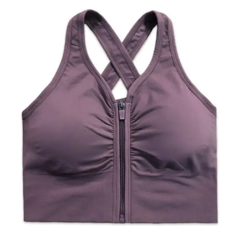 

Women Seamless Sport High Impact Bra Sexy Cross Back Running Workout Bralette Ruched Push Up Zipper Front Shockproof Yoga Cop