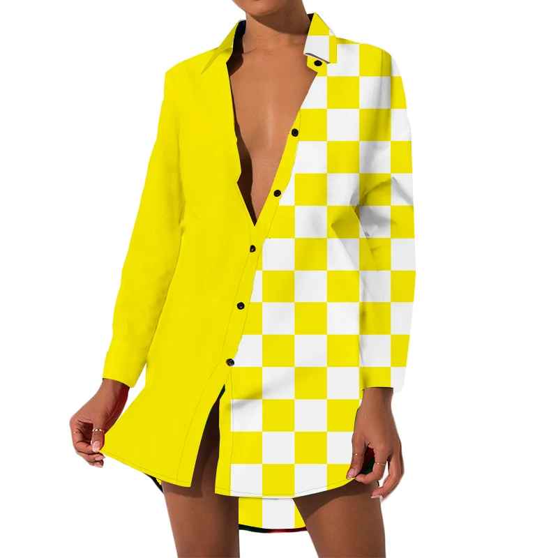 

UJWI Yellow And White Plaid Women cloth Classic Casual Fashion Long Sleeve Buttons Lady Square Shirt Top Girl Autumn Shirts 6XL