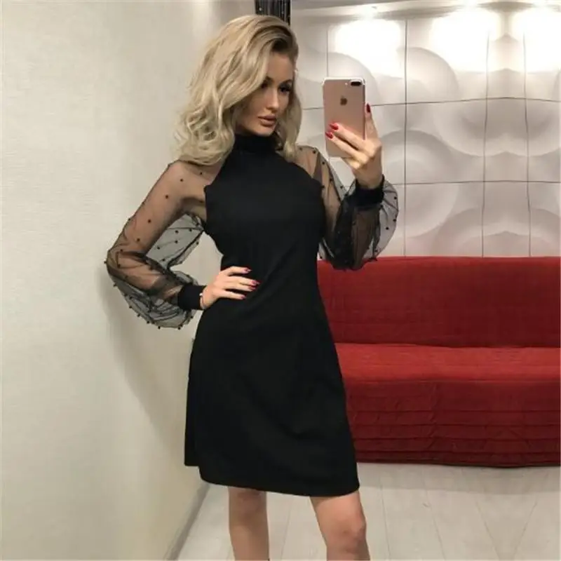 Новое поступление модное тонкое Сетчатое платье с воротником стойкой прозрачное