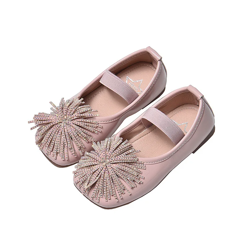 

2022 Spring New Flat Shoes Girls Shoes Square Toe Shallow Mouth Rhinestone Tassel Fashion Single Shoes Children's Peincess Flats